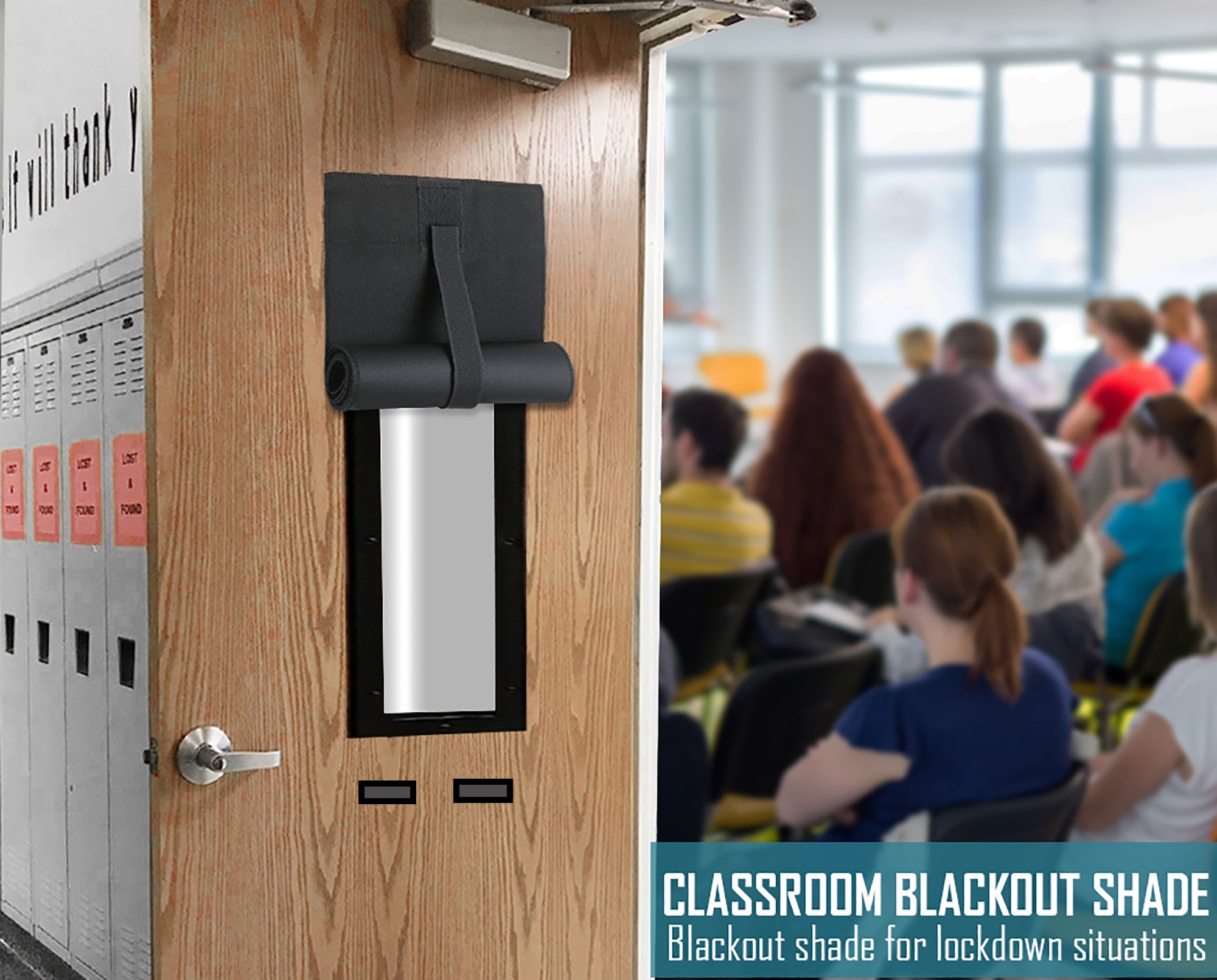 ALP lockdown shade shown before and after deployment on a classroom door